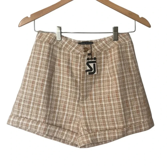 Shaun Justin Tan and Cream Tweed cuffed Y2K mini Shorts - Picture 3 of 11